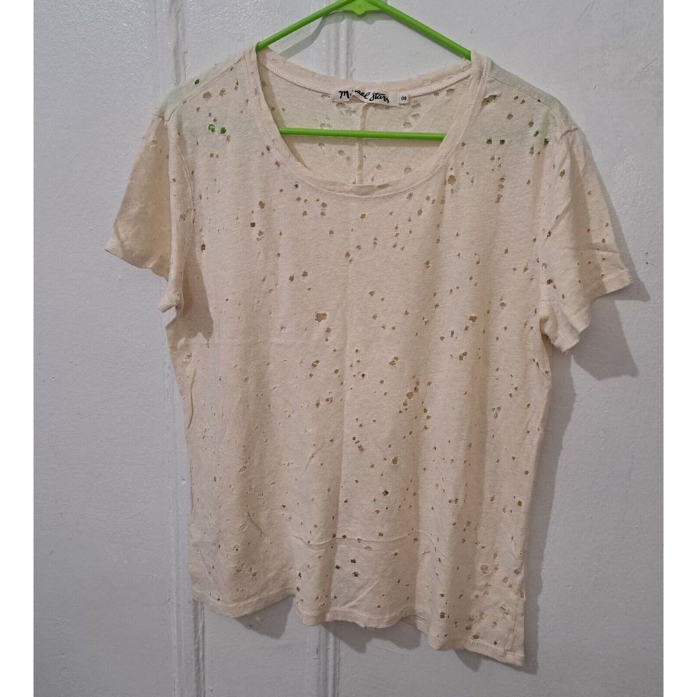 Michael Stars Womens Small Shirt Allover Ripped Distressed Beige Top Shortsleeve